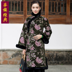 华族经典毛呢绣花改良旗袍连衣裙女长袖复古中式保暖加厚秋冬款