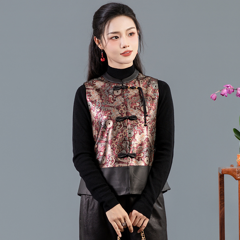 华族经典2025秋季新款锦羊皮复古新中式时尚唐装马甲女背心250844