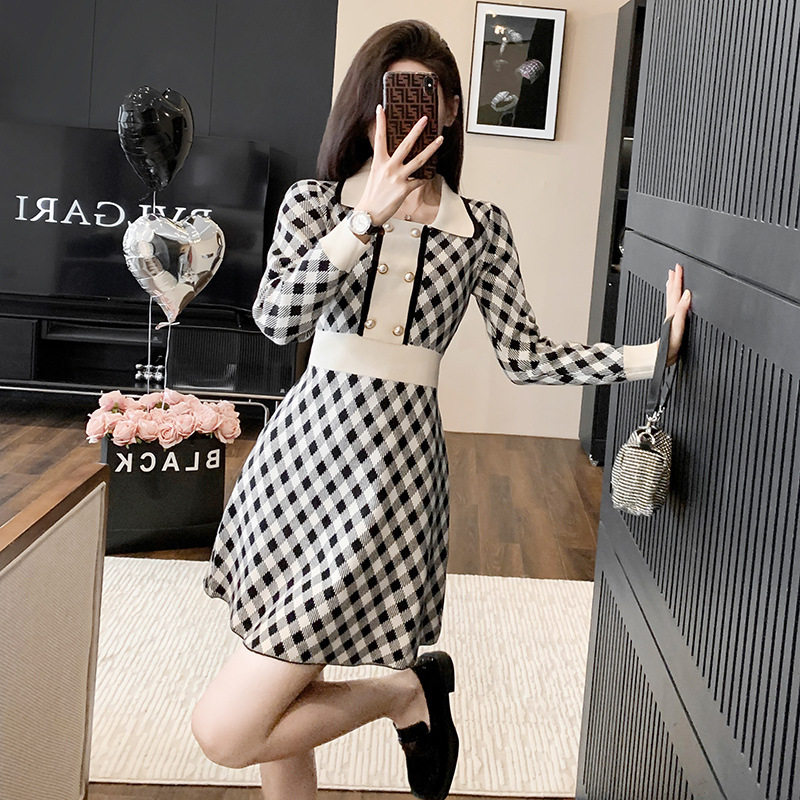 十三行新款小香风针织连衣裙女秋季翻领长袖高腰A字打底毛衣裙子,女装/女士精品,连衣裙,淘宝优惠券,粉丝福利购,淘宝优惠卷