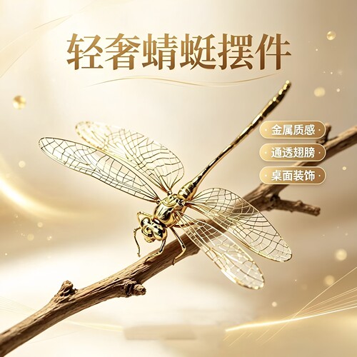 轻奢金色镂空蜻蜓立体桌面摆件