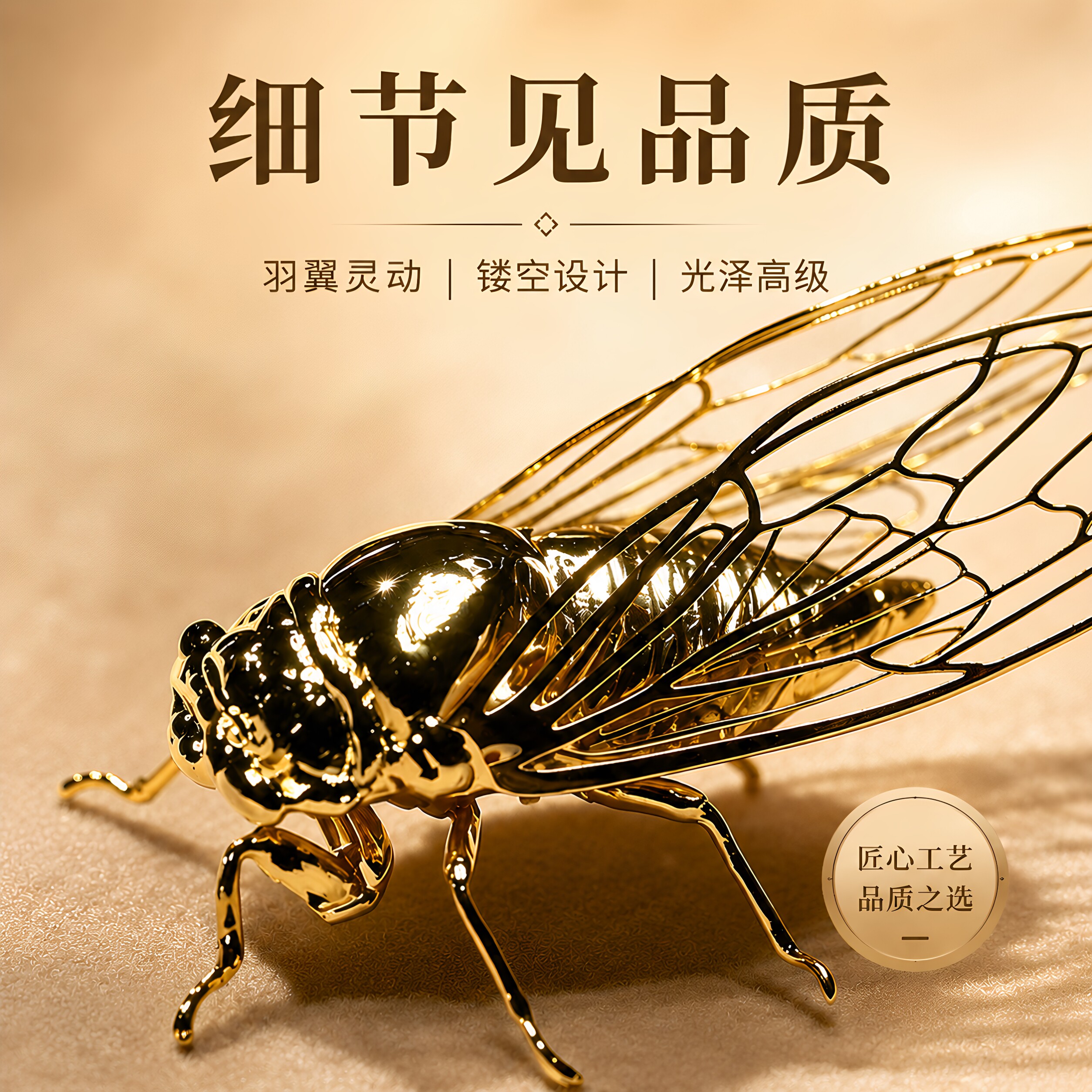 精工镂空金蝉茶宠摆件一鸣惊人