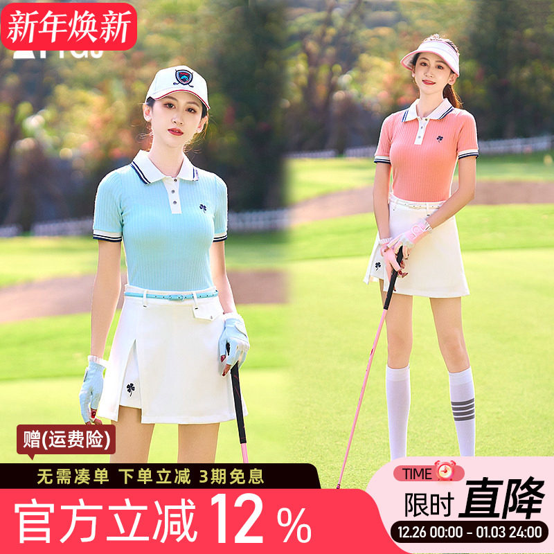 高尔夫球女士短袖T恤POLO衫修身白蓝桔色短裤裙子运动球衣服套装
