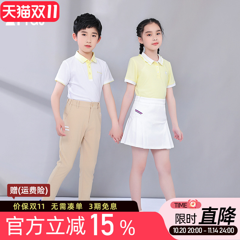 高尔夫球女童儿童短袖POLOT恤衫运动速干荷叶边翻领纯色上衣服装