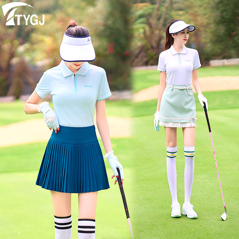 高尔夫球女士短袖T恤POLO衫撞色速干拉链领白绿蓝色运动上衣服装