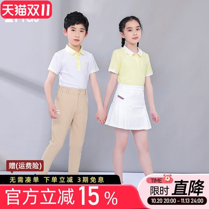 高尔夫球女童儿童短袖POLOT恤衫运动速干荷叶边翻领纯色上衣服装