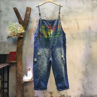 宽松显瘦百搭连体裤 印花个性 女九分裤 牛仔背带裤 潮N 破洞休闲大码