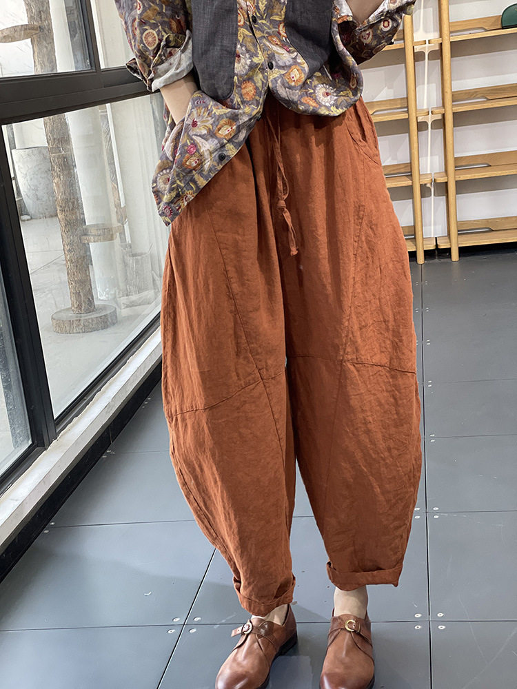 文艺纯色亚麻个性哈伦裤女