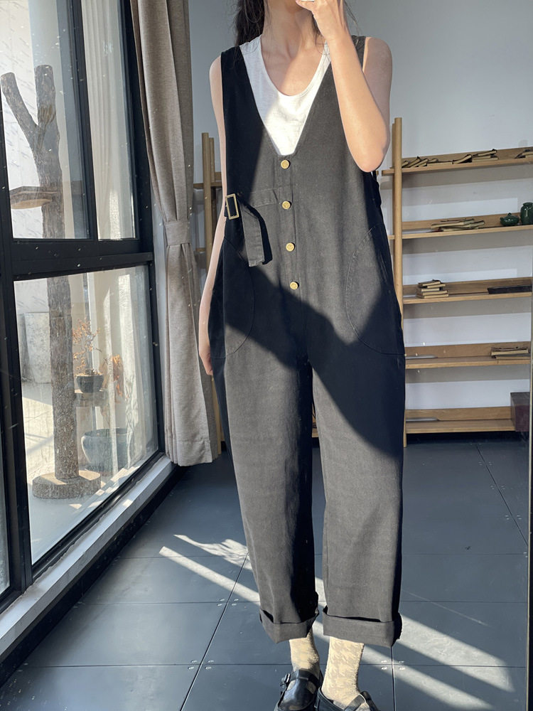 春夏韩版时尚简约文艺显瘦百搭直筒V领连体裤宽松减龄休闲背带裤