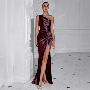 Dress欧美ins时尚 开叉性感女神气质长裙派对礼服裙 单肩褶皱修身