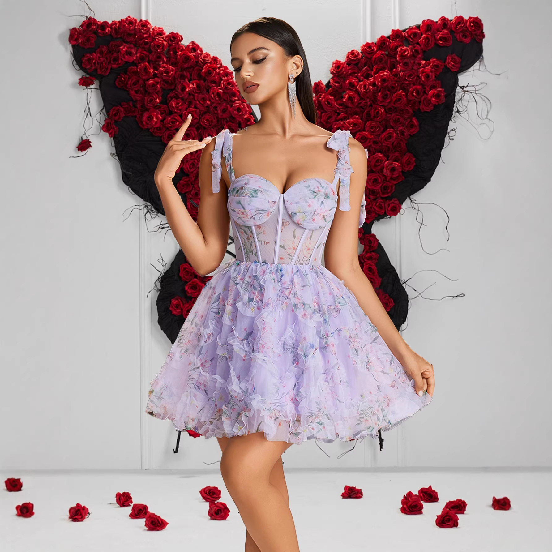 新款紫色碎花鱼骨束腰吊带连衣裙 甜辣风抹胸短款生日派对小礼服