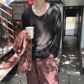 松弛感拉领亚麻打底衫 罩衫 男u型大领宽松长袖 慵懒风桑蚕丝针织衫