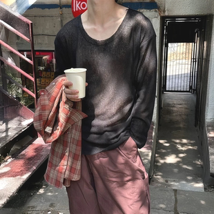 慵懒风桑蚕丝针织衫男u型大领宽松长袖罩衫松弛感拉领亚麻打底衫