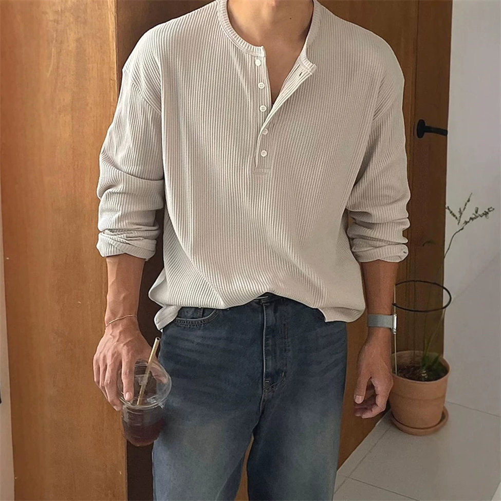 美式华夫格亨利衫半开扣宽松长袖