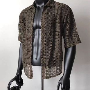 老钱风穿搭镂空针织开衫男性感透视短袖衬衣美式复古网纱蕾丝衬衫