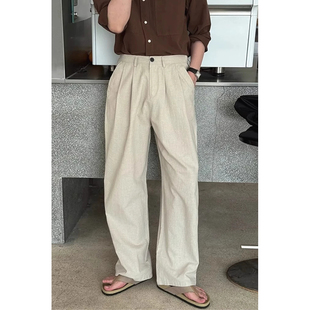 男双褶宽松直筒长裤 西裤 薄款 透气亚麻休闲西装 美式 裤 复古棉麻工装