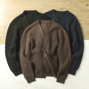 欧美包芯纱针织开衫男深v领长袖卫衣外套排扣休闲工装毛线夹克衫