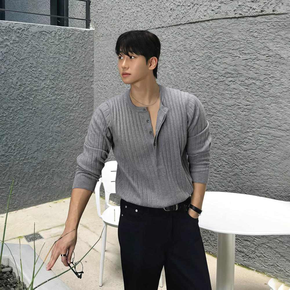 韩系包芯纱针织亨利衫男薄款透气修身长袖卫衣休闲工装羊毛衫t恤