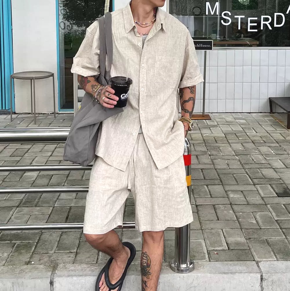 度假风天丝亚麻衬衫套装男松弛感口袋短袖棉麻透气五分短裤两件套