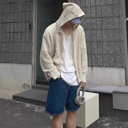 美式街头潮牌镂空针织开衫男双拉链长袖连帽防晒罩衫透视帽衫外套