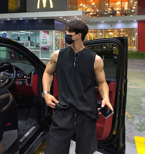 美式硬汉风背心长裤套装男健身训练体育运动坎肩显肌肉老头汗衫潮