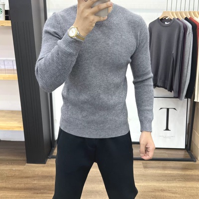 圆领包芯纱针织衫褶皱修身长袖