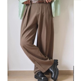 西裤 裤 男半松紧纽扣宽松直筒长裤 复古休闲西装 美式 老钱风咖色工装