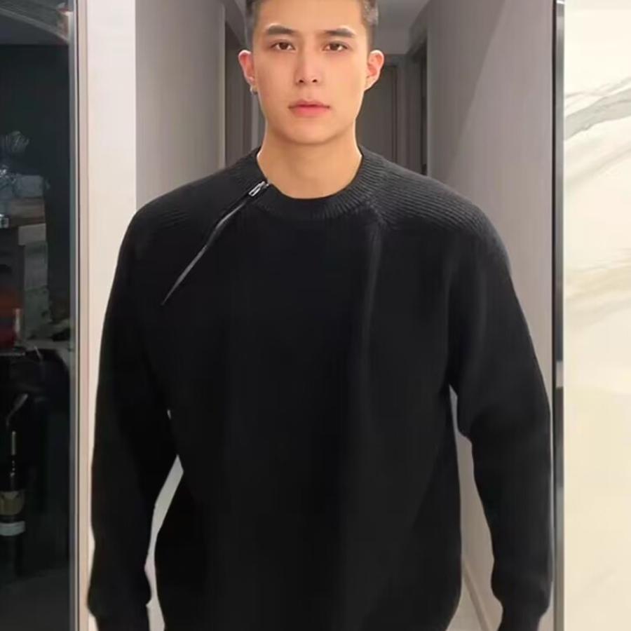 美式毛绒针织衫男斜拉链修身长袖
