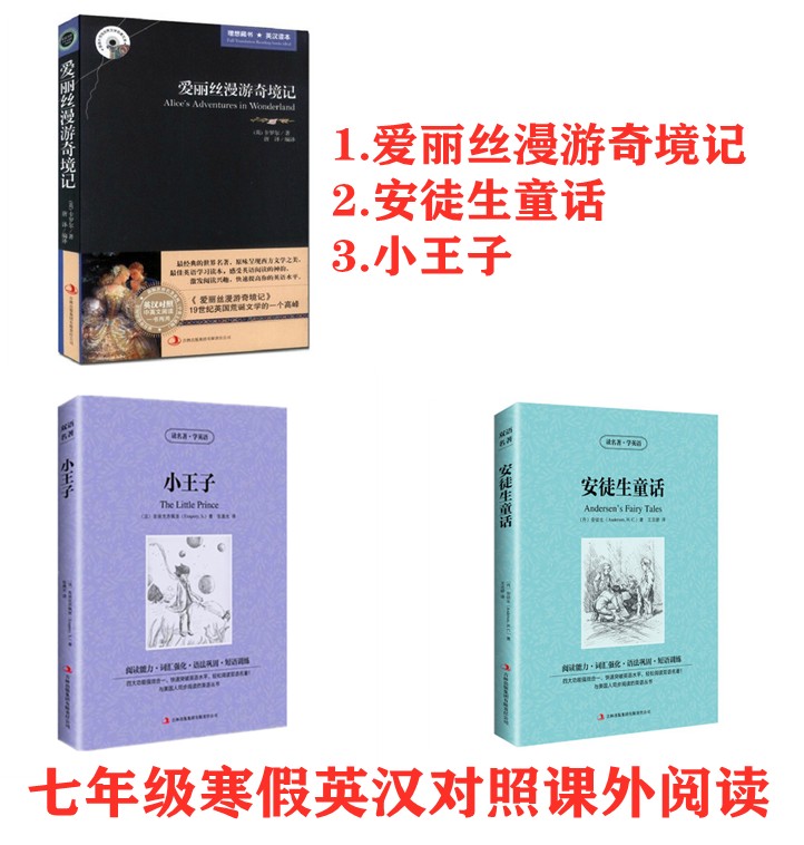 七年级寒假英汉对照课外阅读3册爱丽丝梦游仙境安徒生童话故事小王子漫游奇境记初一英文课外书正版包邮读名著学英语中英文对照书