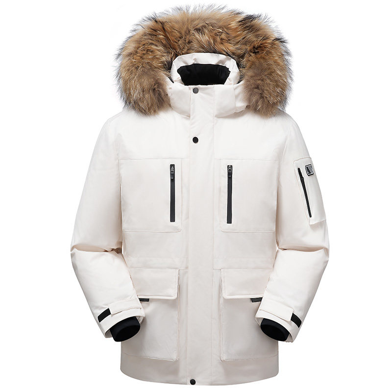 工装风毛领连帽羽绒服男中长白色派克服时尚保暖外套