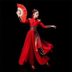 打鼓服女喜庆威风锣鼓舞台装扇子舞演出服大气古装女侠风表演套装