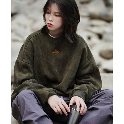 BENT IDEA 2023秋冬新款350g重磅麂皮绒卫衣男生山系休闲圆领外套