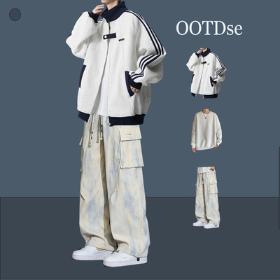 bdct brand春秋条纹拼接夹克外套男生棒球服搭配扎染工装裤套装