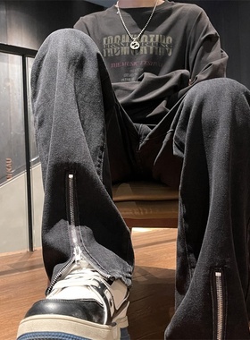 BENT IDEA 美式复古裤子高街vibe纯黑色牛仔裤男Nobodyknows长裤