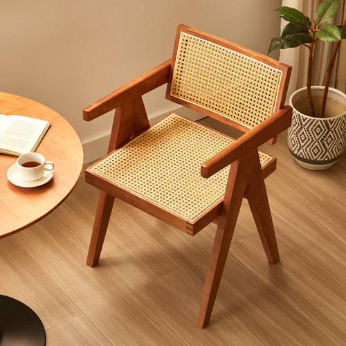 北欧复古昌迪加尔椅藤编椅单人休闲餐椅家用靠背阳台民宿实木椅子