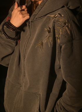 三省六部【苦行僧·上】中国风做旧水洗加绒竹叶刺绣男士卫衣开衫