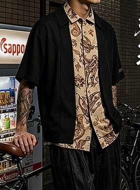 三省六部·吏部【退隐】新中式度假棉麻拼接假两件男士短袖衬衫