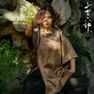 三省六部【百家争鸣】新中式重磅丝绸竹叶提花改良短袖圆领袍中衣