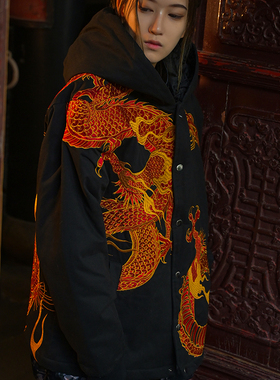 三省六部【九龙系列·卷四】秋冬龙年赤龙全刺绣男士连帽棉服外套