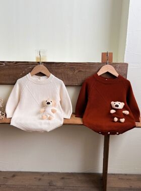 2024秋季婴幼儿男女宝宝可爱小熊长袖针织哈衣连体三角爬服包屁衣