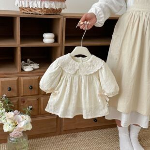 2026春季款韩版女童翻领提花长袖连衣裙女宝宝小清新公主蝴蝶结裙