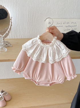 婴儿衣服包屁衣秋季韩版女宝宝三角连体衣长袖花边娃娃领外出爬服