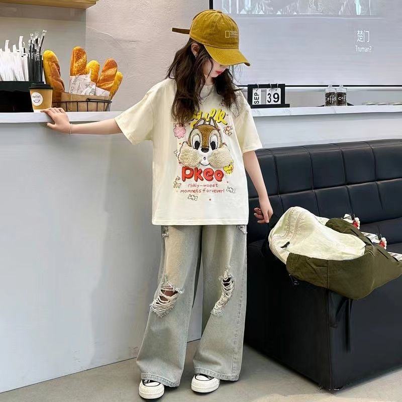 女大童女孩夏装短袖T恤阔腿裤两件套超好看12岁穿的服装女装女生