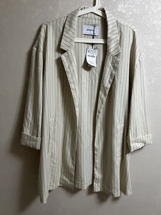 特价大码女装 品牌 韩版宽松休闲七分袖西服外套 条纹慵懒风