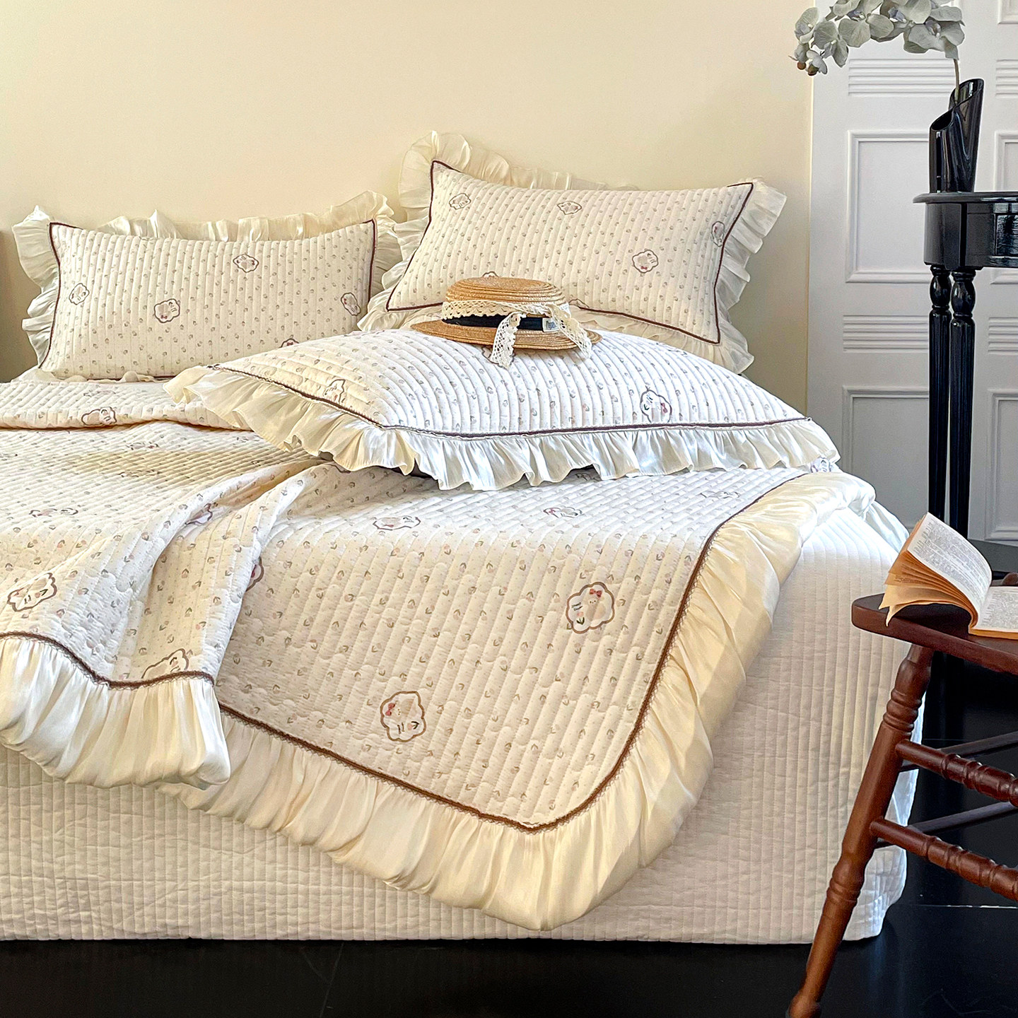 新款碎花小清新全棉法式花边纯棉床盖榻榻米加厚绗缝夹棉床单