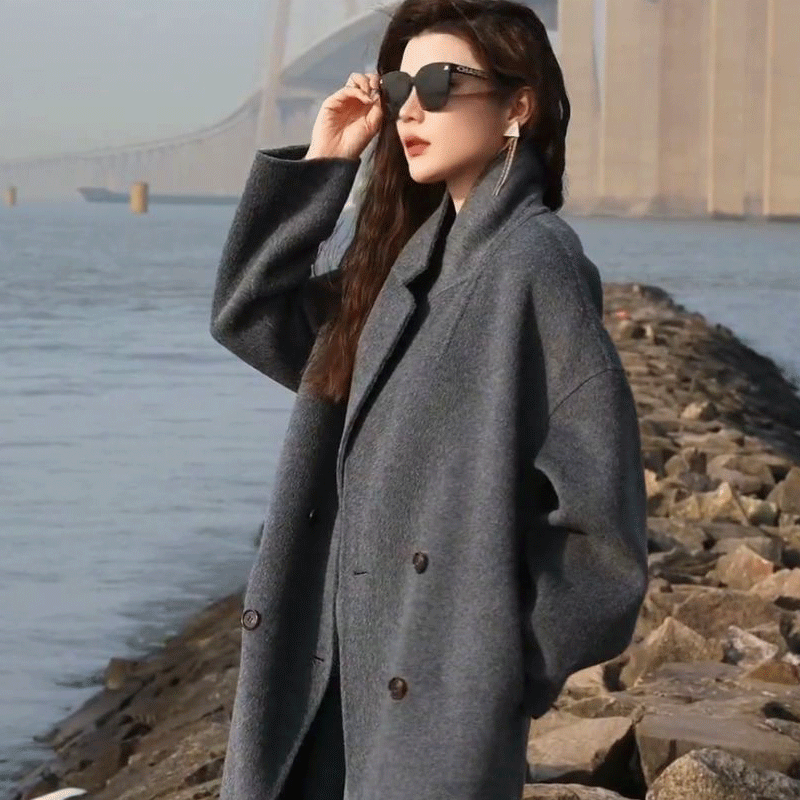 2023冬季新款经典廓形双面羊绒大衣女高级感灰色中长款落肩袖外套,女装/女士精品,毛呢外套,淘宝优惠券,粉丝福利购,淘宝优惠卷