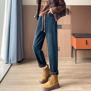 胖mm老爹裤 高腰宽松大码 子 女加厚绒2025冬新款 松紧高腰哈伦牛仔裤