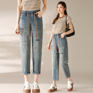 小个子胖mm宽松八九分老爹裤 松紧高腰哈伦牛仔裤 女春夏2025新薄款