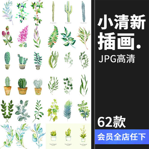 简约水彩手绘小清新绿色植物仙人掌插画高清装饰画芯JPG图片素材