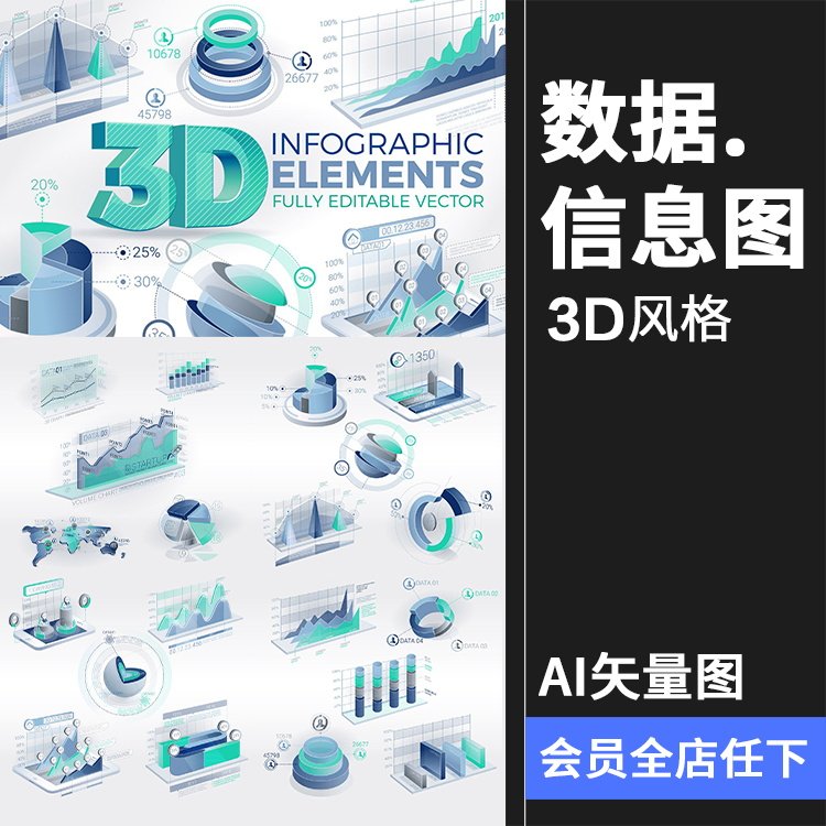 3D立体大数据信息图表数据可视化分析对比百分比元素AI矢量素材