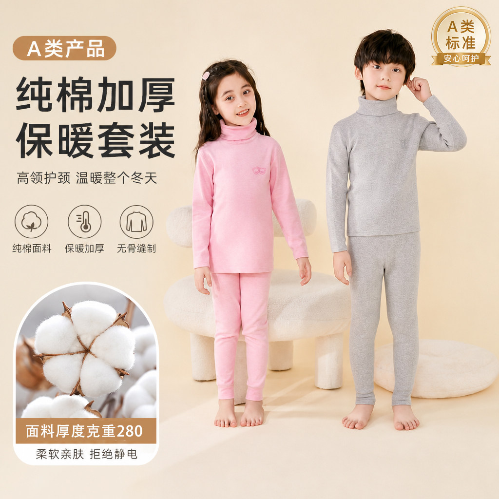 儿童保暖内衣套装秋衣秋裤纯棉全棉男童女童高领磨毛加绒加厚大童